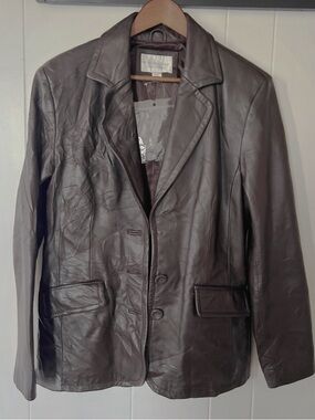 Worthington Brown Leather Lambskin Blazer Jacket Size Medium With Flaws